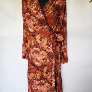 Match Size 14 Women's Long Sleeve Vintage Floral Wrap Dress - Brown and‎ Orange